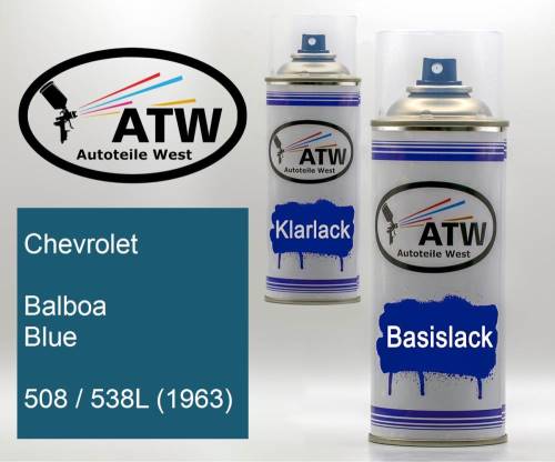 Chevrolet, Balboa Blue, 508 / 538L (1963): 400ml Sprühdose + 400ml Klarlack - Set, von ATW Autoteile West.